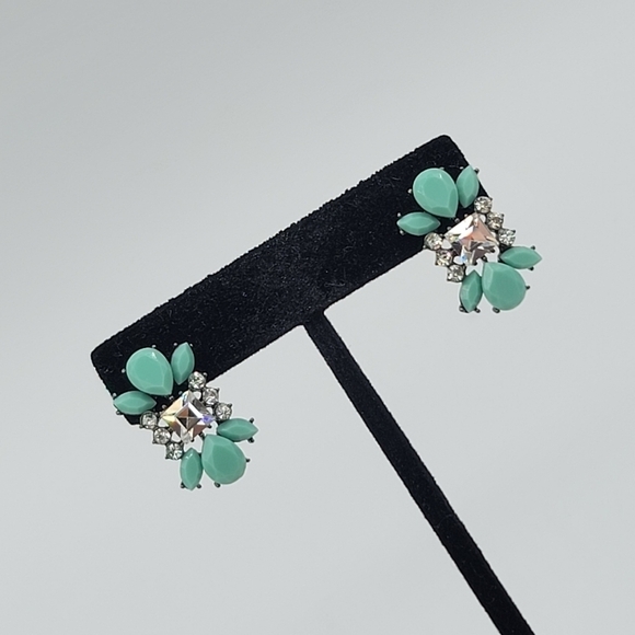 Mint Cabachon & Clear Crystal Earrings Hematite Tone Setting #1226 - Picture 9 of 11